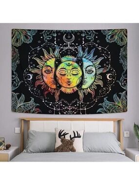 Psychedelic Burning Sun Moon Stars Tapestry Mandala Living Room Bedroom Dorm NWT